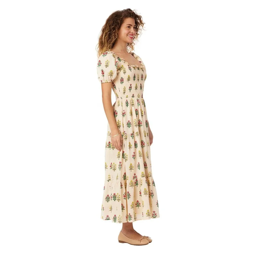 Bila Navara Cotton Maxi Dress Size S Vintage Floral Smocked Puff Sleeve Lined